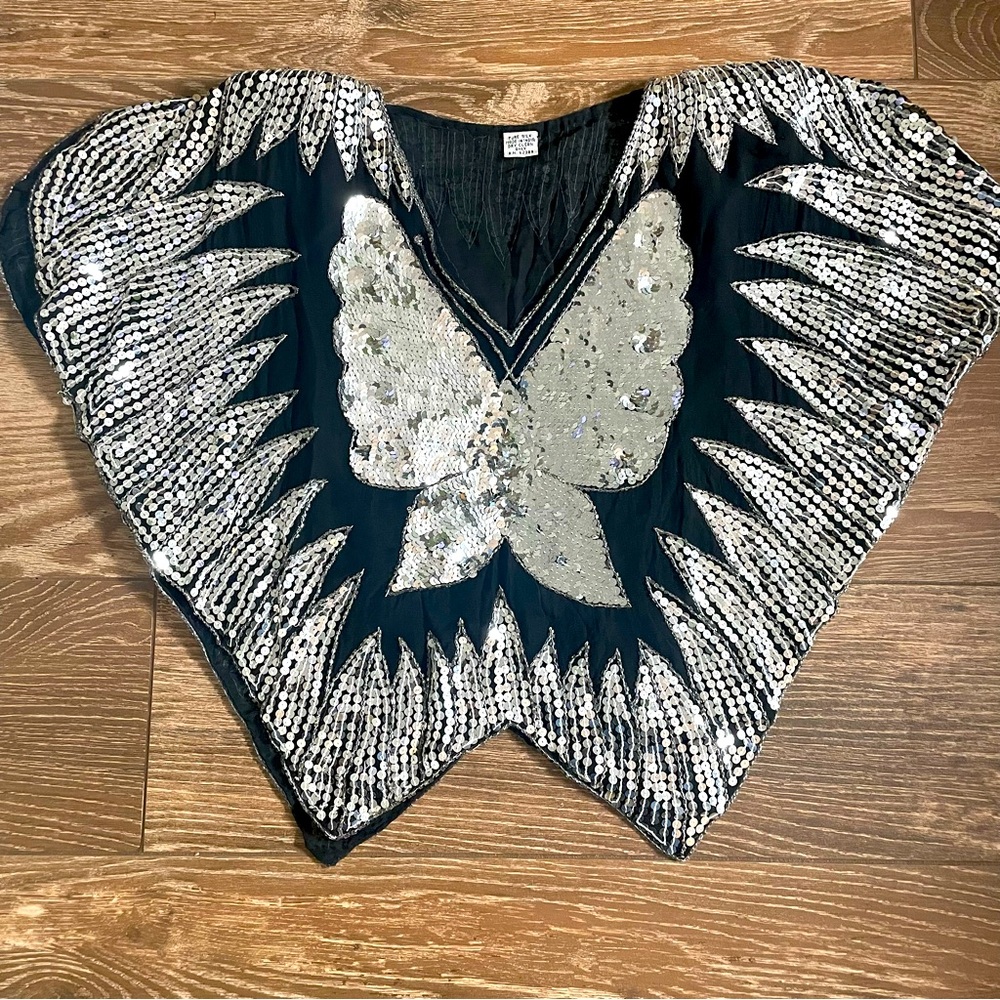 Vintage Sequin Beaded 100% Silk Butterfly Top Overlay 70s 80s 90s Disco Party OS